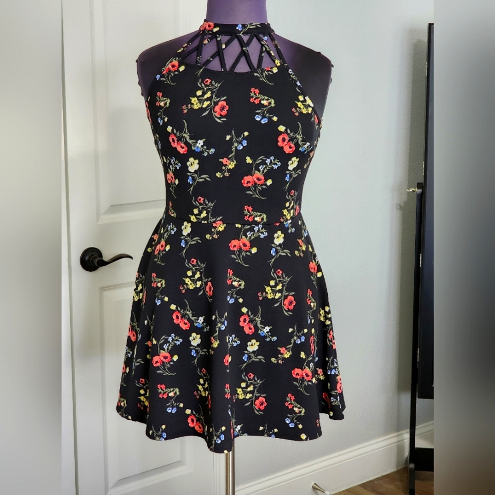 Black and Pink Floral Midi Babydoll Dress